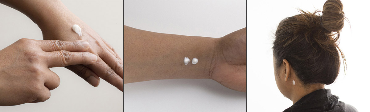 Patch Test Location Examples including the wrist, behind the ear and on the top of the hand